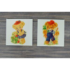 Vtg Ceramic Tile Lot Wheeling Cushion Country Boy Girl Bear 6 x 6 Nursery Accent